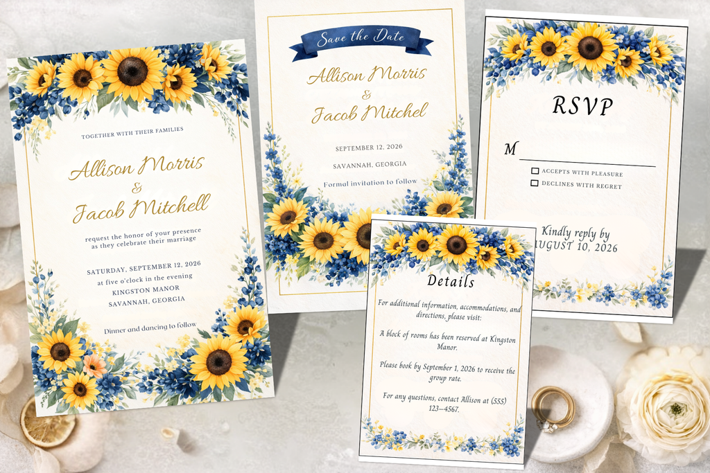 Sunflower & Navy Wedding Invitation Set