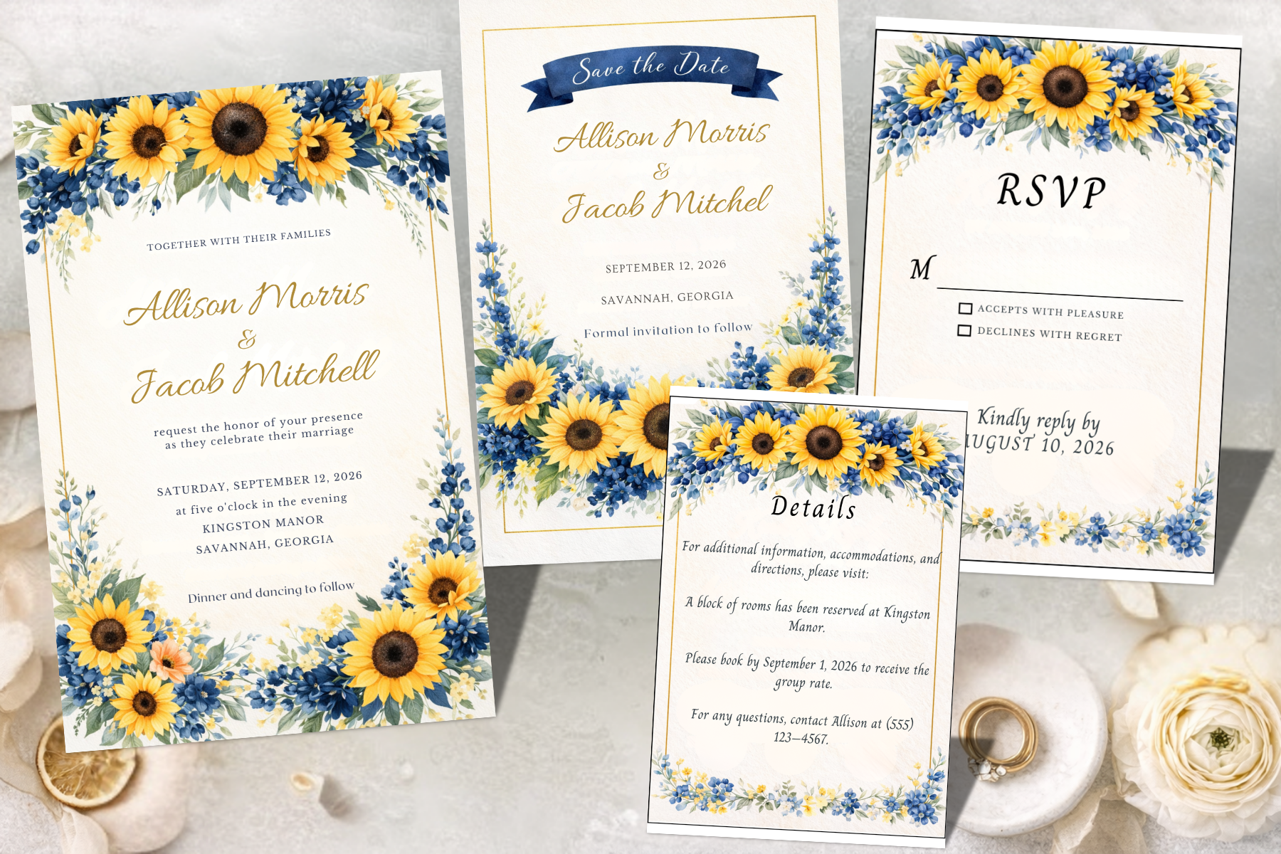 Sunflower & Navy Wedding Invitation Set