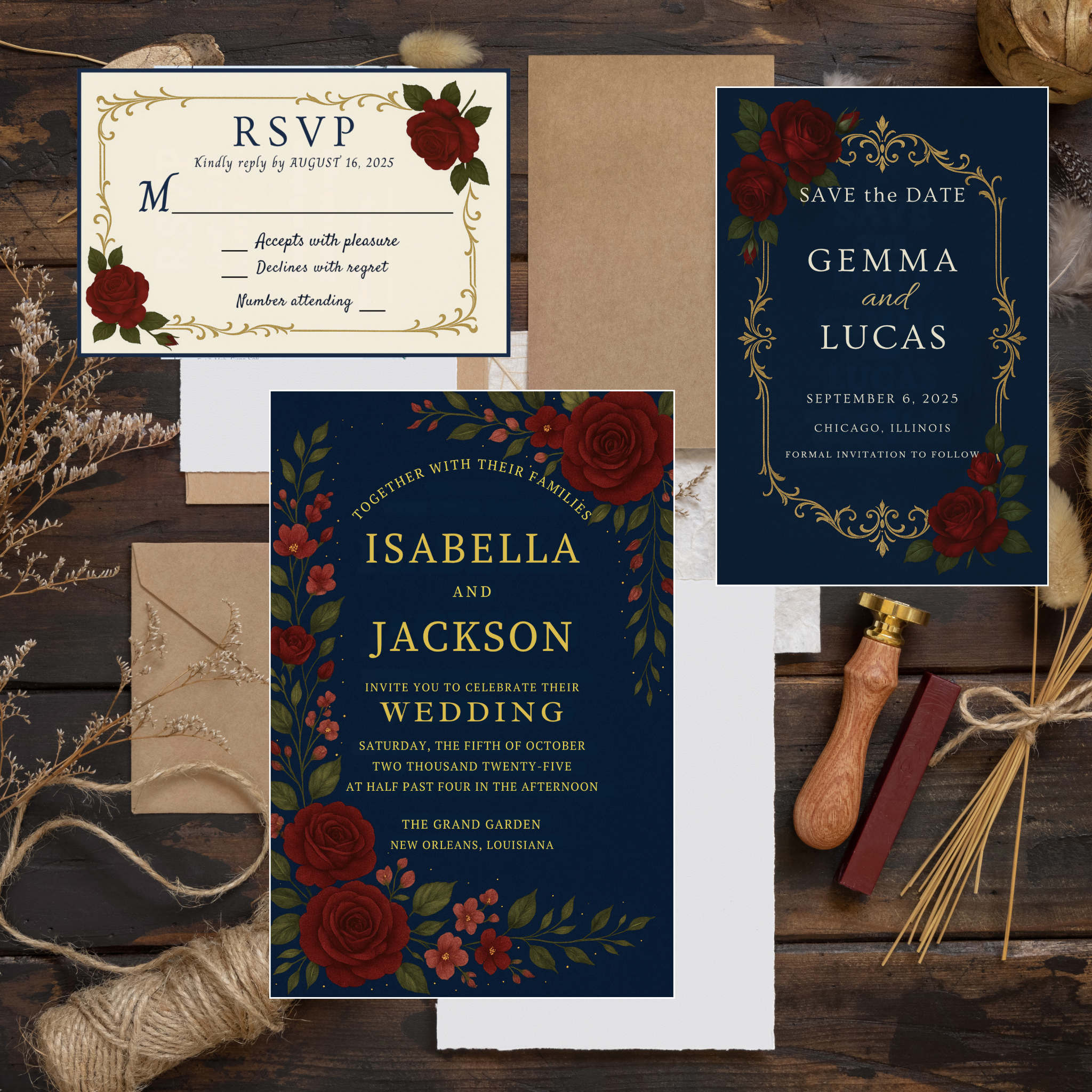 Navy Blue & Gold Wedding Invitation