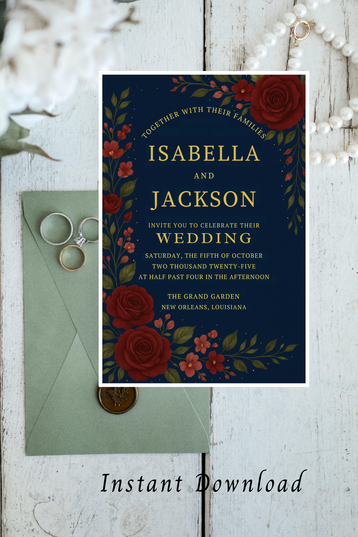 Navy Blue & Gold Wedding Invitation