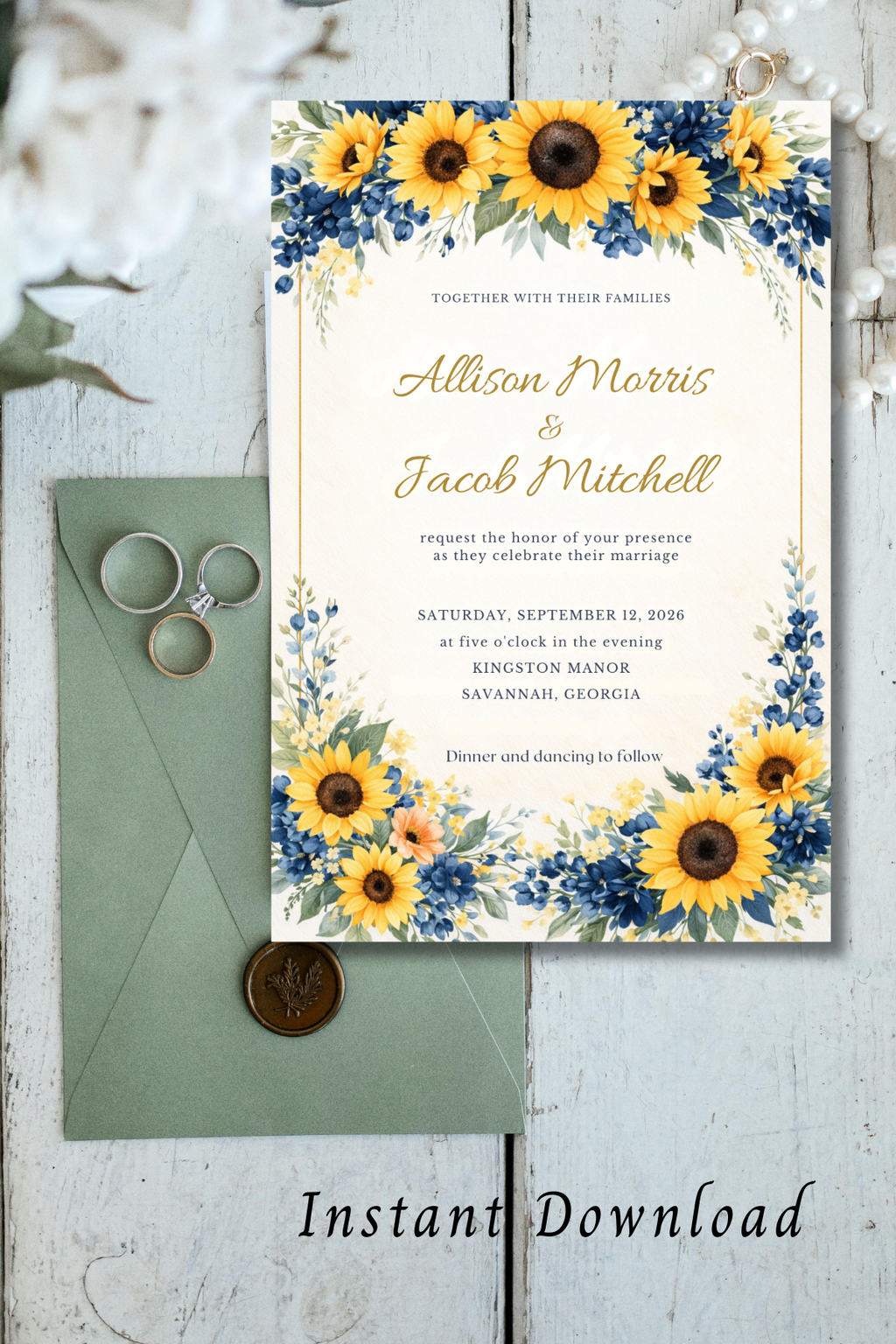 Sunflower & Navy Wedding Invitation Set