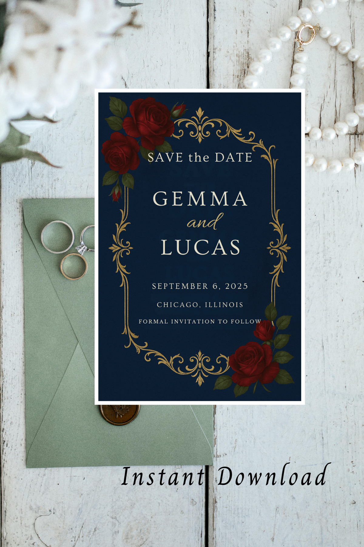 Navy Blue & Gold Wedding Invitation